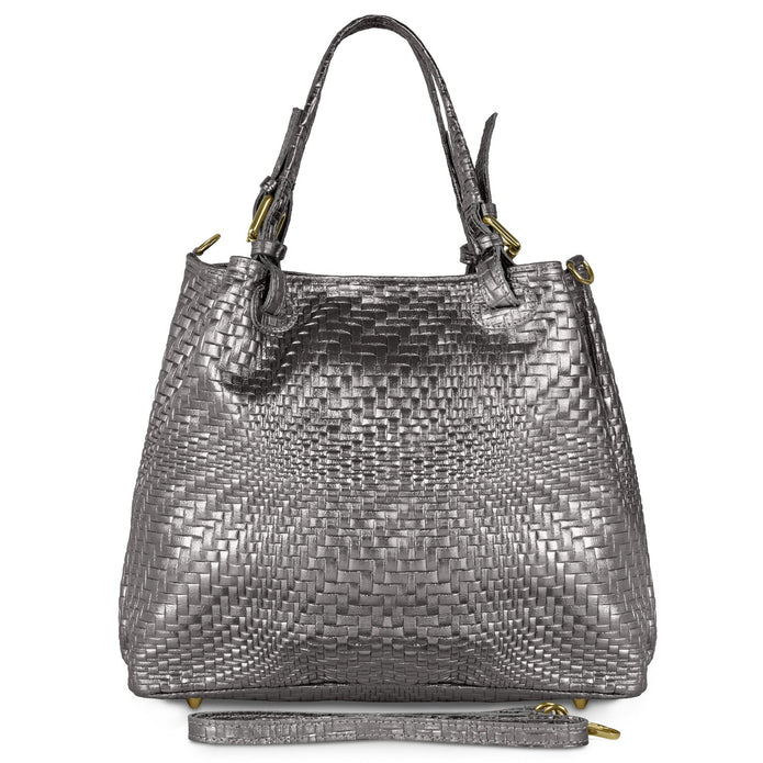 Italian Genuine Basketweave-Embossed Metallic Suede Top-Handle Bag | Imperia