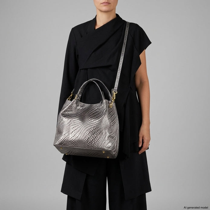 Italian Genuine Basketweave-Embossed Metallic Suede Top-Handle Bag | Imperia