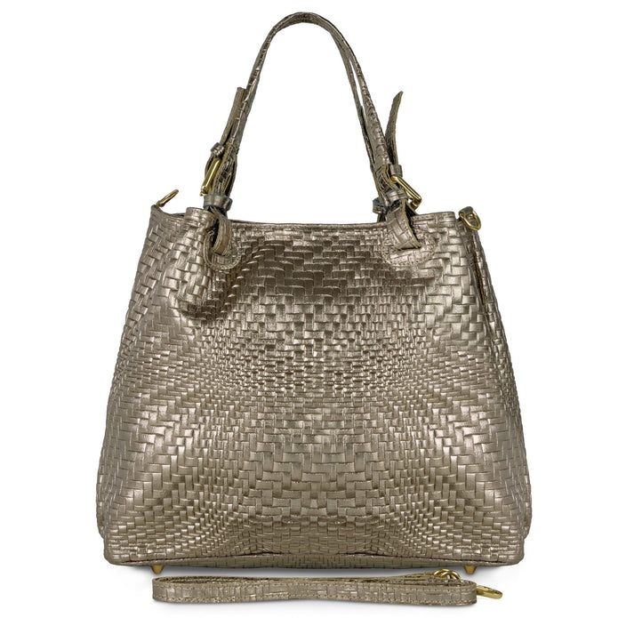 Italian Genuine Basketweave-Embossed Metallic Suede Top-Handle Bag | Imperia