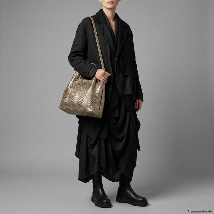Italian Genuine Basketweave-Embossed Metallic Suede Top-Handle Bag | Imperia