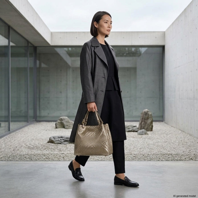 Italian Genuine Basketweave-Embossed Metallic Suede Top-Handle Bag | Imperia