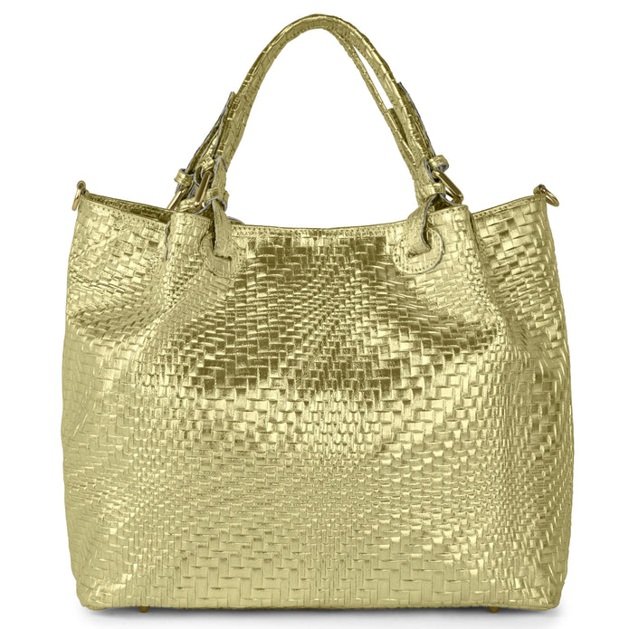 Italian Genuine Basketweave-Embossed Metallic Suede Top-Handle Bag | Imperia