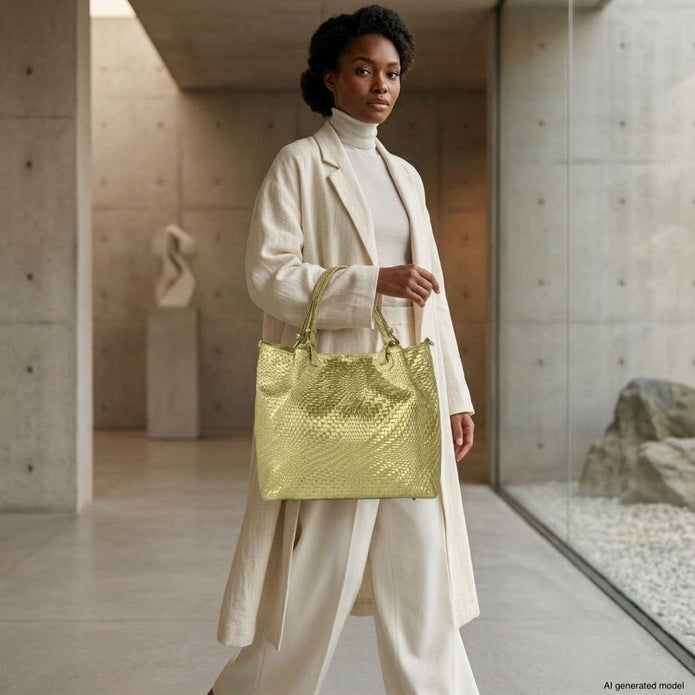 Italian Genuine Basketweave-Embossed Metallic Suede Top-Handle Bag | Imperia