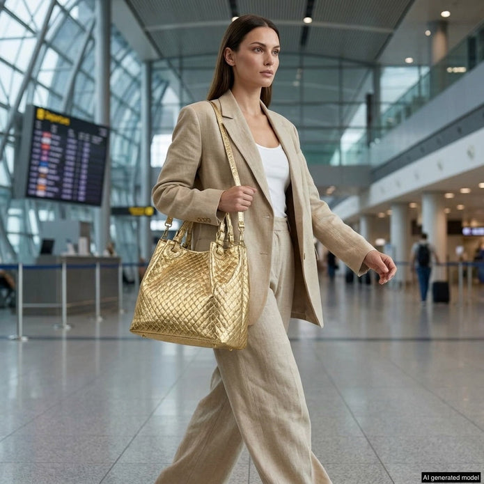 Italian Genuine Woven-Embossed Metallic Suede Top-Handle Bag | Savona