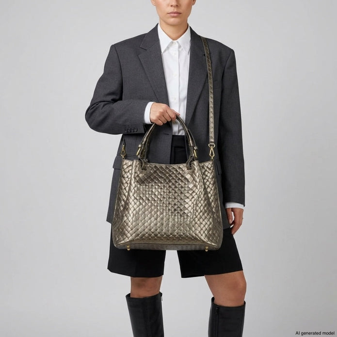 Italian Genuine Woven-Embossed Metallic Suede Top-Handle Bag | Savona
