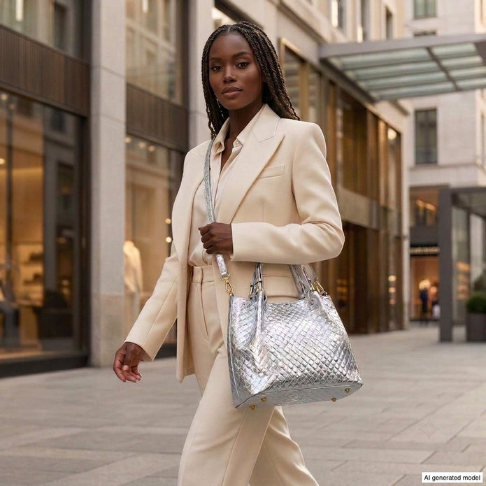 Italian Genuine Woven-Embossed Metallic Suede Top-Handle Bag | Savona
