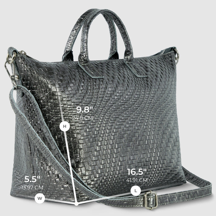 Italian Genuine Basketweave-Embossed Metallic Suede Top-Handle Bag | Treviso