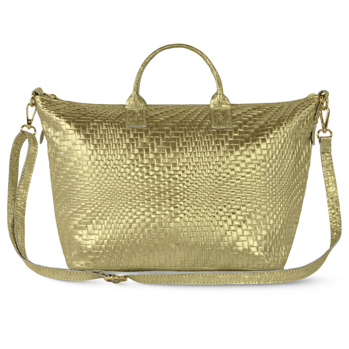 Italian Genuine Basketweave-Embossed Metallic Suede Top-Handle Bag | Treviso
