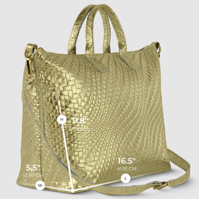Italian Genuine Basketweave-Embossed Metallic Suede Top-Handle Bag | Treviso