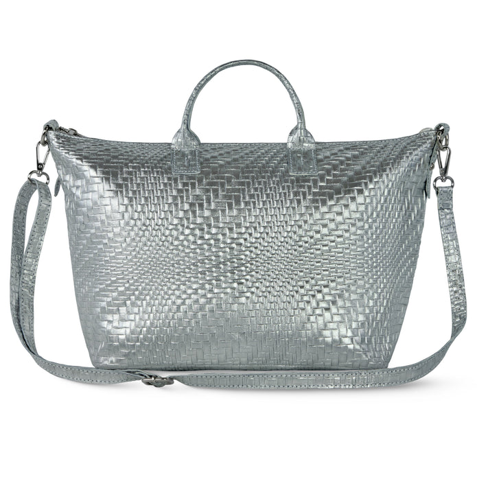 Italian Genuine Basketweave-Embossed Metallic Suede Top-Handle Bag | Treviso