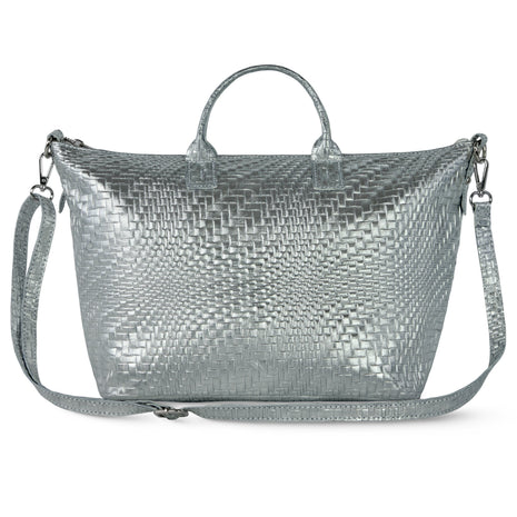 Italian Genuine Basketweave-Embossed Metallic Suede Top-Handle Bag | Treviso