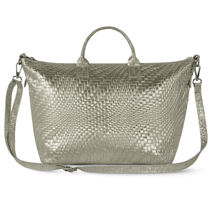 Italian Genuine Basketweave-Embossed Metallic Suede Top-Handle Bag | Treviso