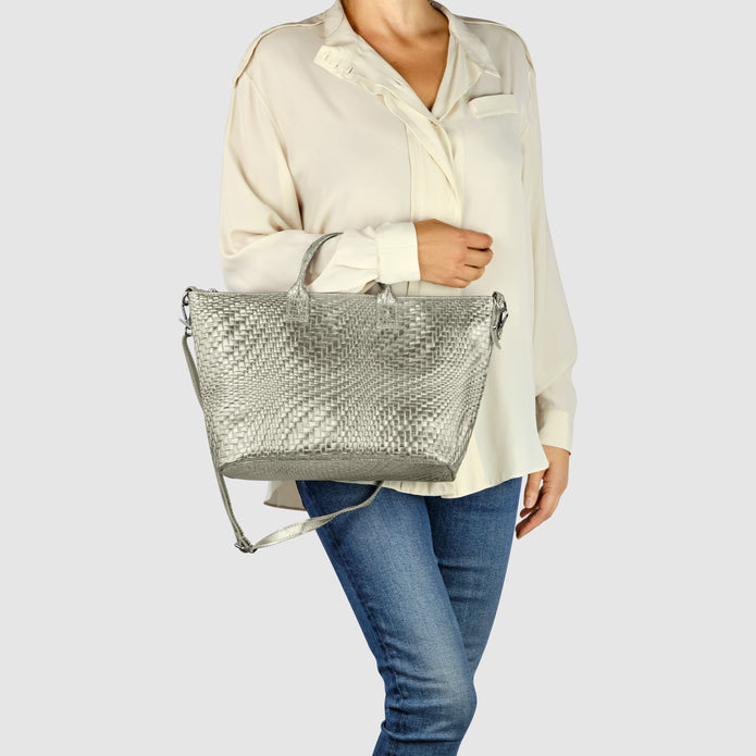 Italian Genuine Basketweave-Embossed Metallic Suede Top-Handle Bag | Treviso