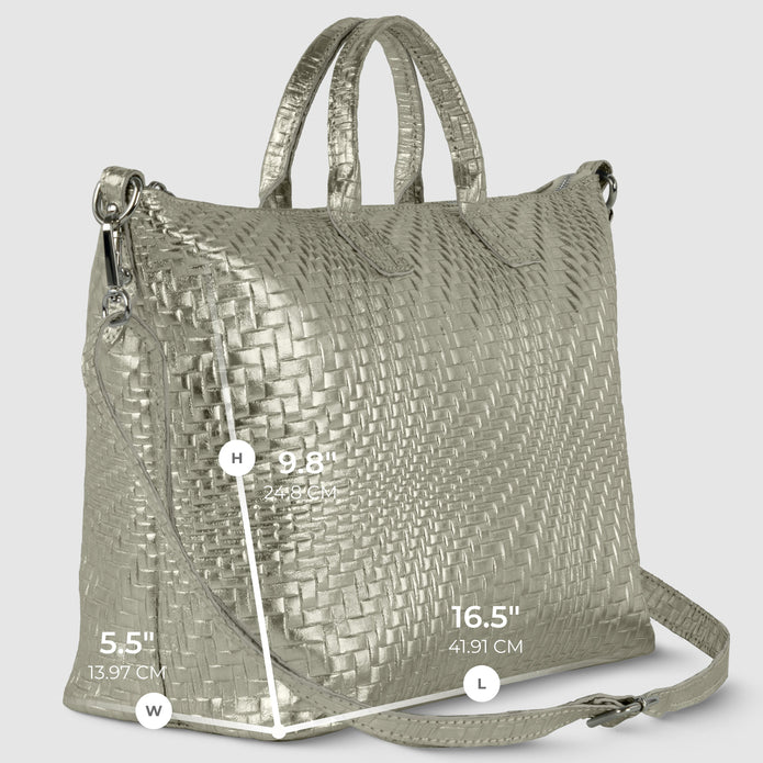 Italian Genuine Basketweave-Embossed Metallic Suede Top-Handle Bag | Treviso