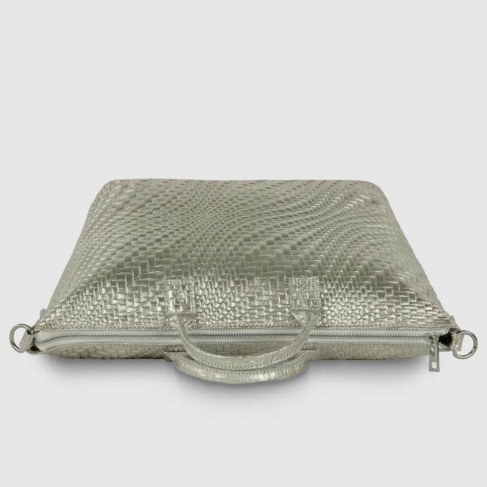 Italian Genuine Basketweave-Embossed Metallic Suede Top-Handle Bag | Treviso