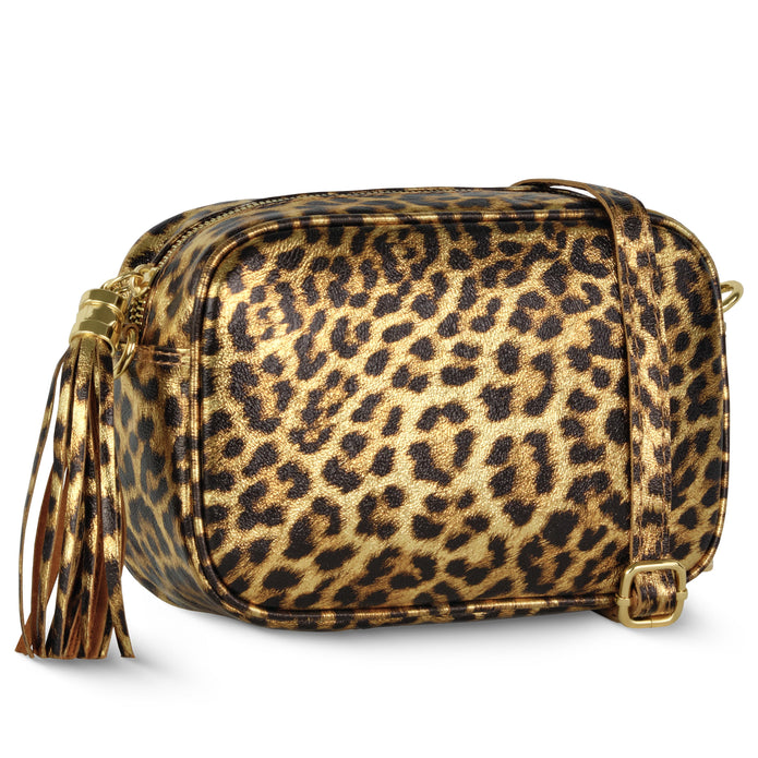 Italian Genuine Leopard-Print Metallic Suede Crossbody Bag | Potenza