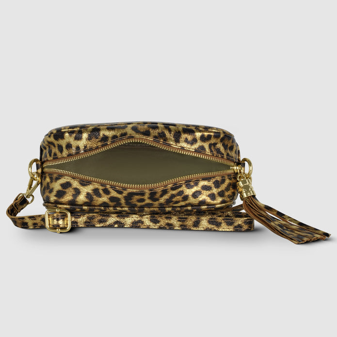 Italian Genuine Leopard-Print Metallic Suede Crossbody Bag | Potenza