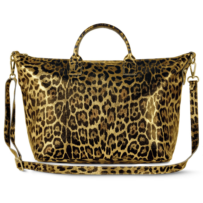 Italian Genuine Leopard-Print Metallic Suede Top-Handle Bag | Rimini