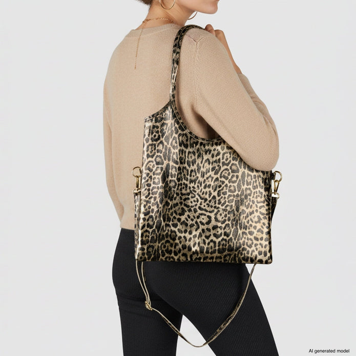 Italian Genuine Leopard-Print Metallic Suede Tote Bag | Catania