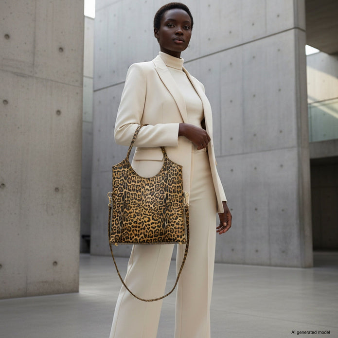 Italian Genuine Leopard-Print Metallic Suede Tote Bag | Catania