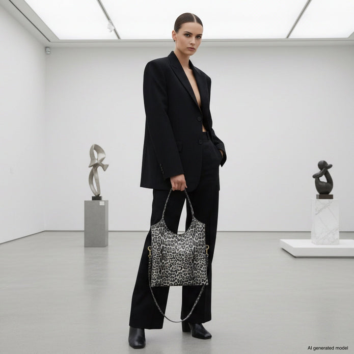 Italian Genuine Leopard-Print Metallic Suede Tote Bag | Catania