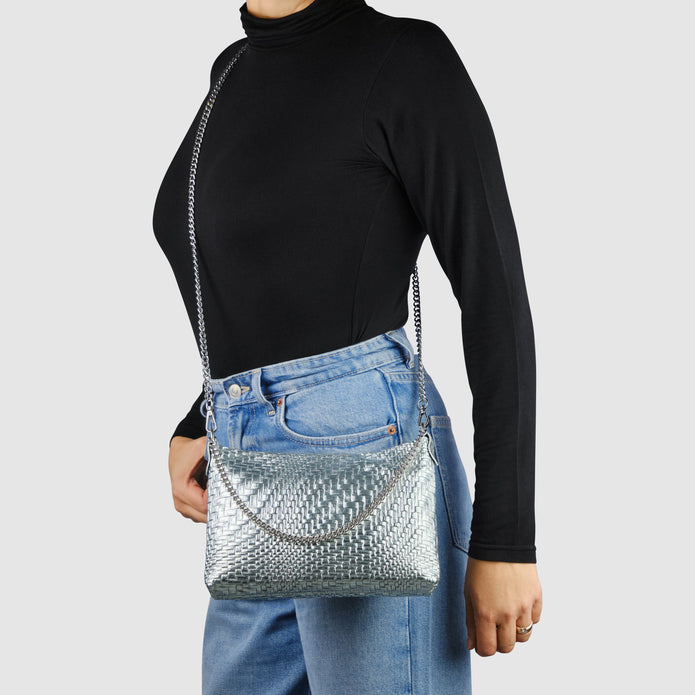 Italian Genuine Basketweave-Embossed Metallic Suede Crossbody Bag | Bari