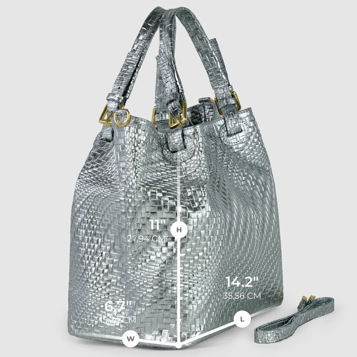 Italian Genuine Basketweave-Embossed Metallic Suede Top-Handle Bag | Imperia