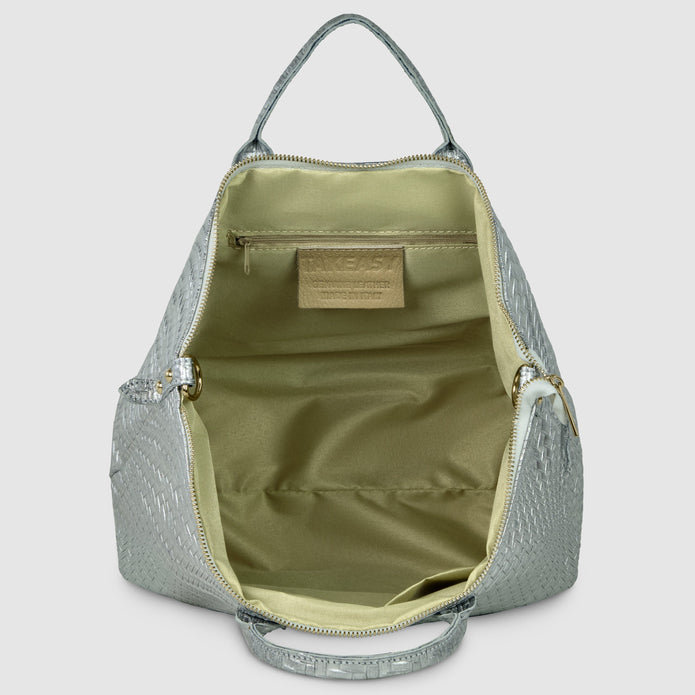 Italian Genuine Basketweave-Embossed Metallic Suede Top-Handle Bag | Imperia