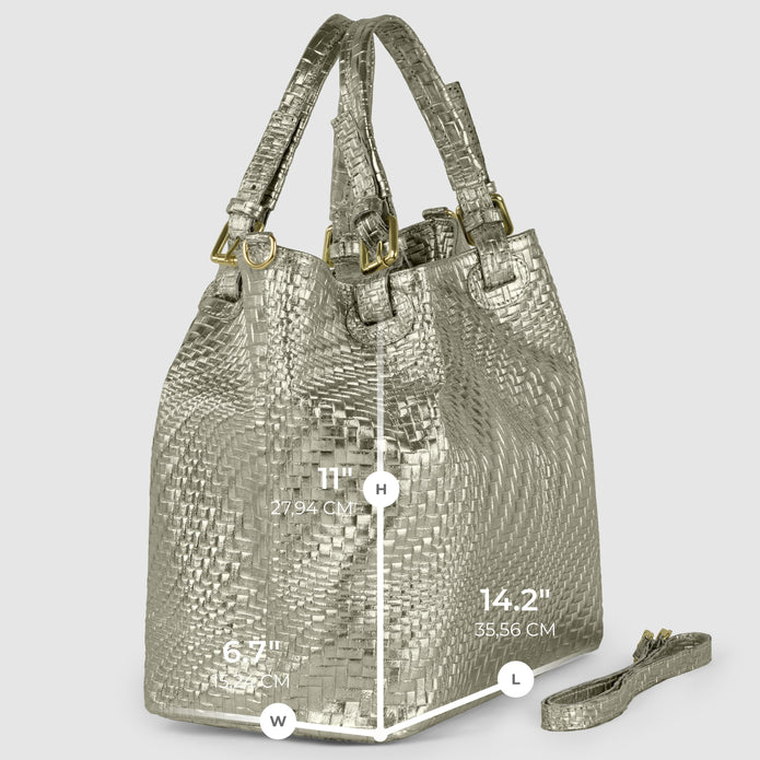 Italian Genuine Basketweave-Embossed Metallic Suede Top-Handle Bag | Imperia