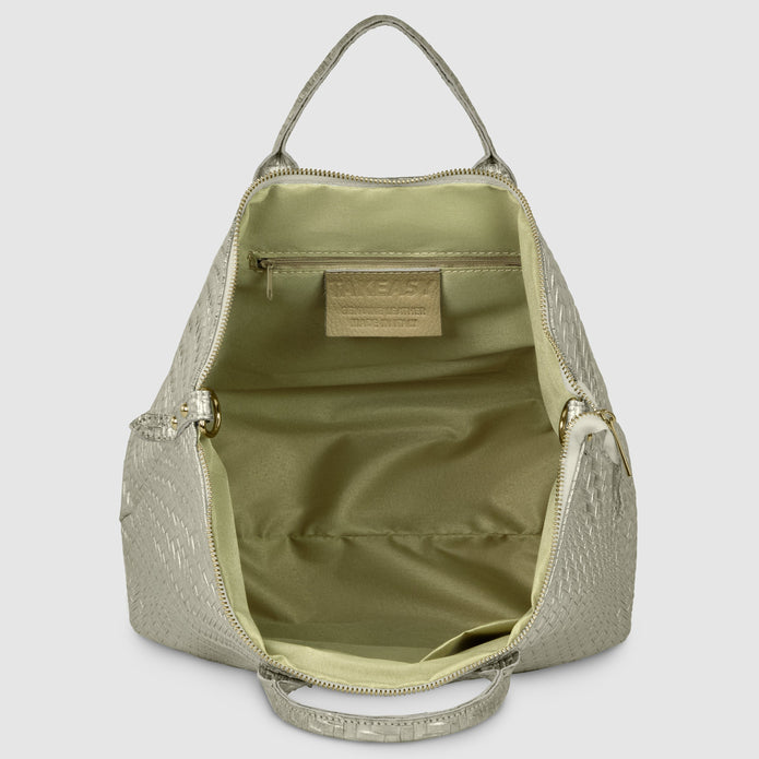 Italian Genuine Basketweave-Embossed Metallic Suede Top-Handle Bag | Imperia