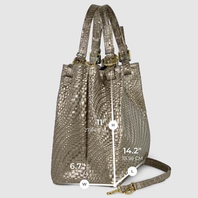 Italian Genuine Basketweave-Embossed Metallic Suede Top-Handle Bag | Imperia