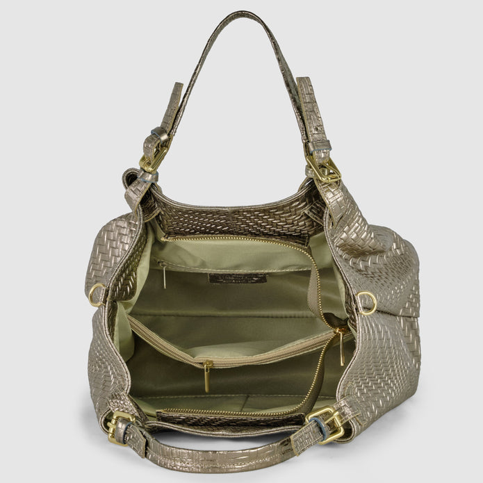 Italian Genuine Basketweave-Embossed Metallic Suede Top-Handle Bag | Imperia