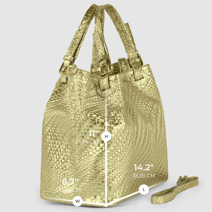 Italian Genuine Basketweave-Embossed Metallic Suede Top-Handle Bag | Imperia