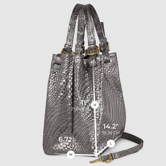 Italian Genuine Basketweave-Embossed Metallic Suede Top-Handle Bag | Imperia