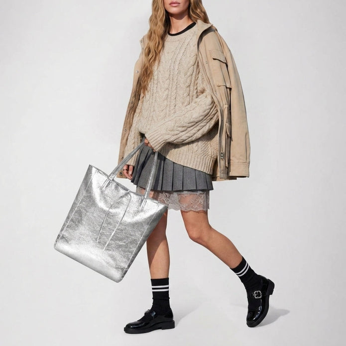 Italian Genuine Metallic Suede Tote Bag | Pisa