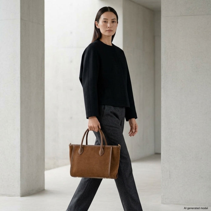 Italian Genuine Suede & Full-Grain Leather Top-Handle Bag | Alba