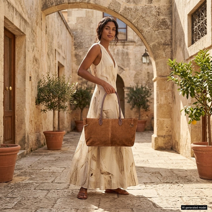 Italian Genuine Suede & Full-Grain Leather Tote Bag | Bologna