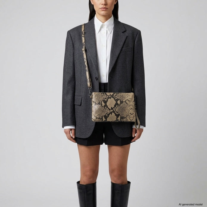 Italian Genuine Python-Print Suede Crossbody Bag | Lecce