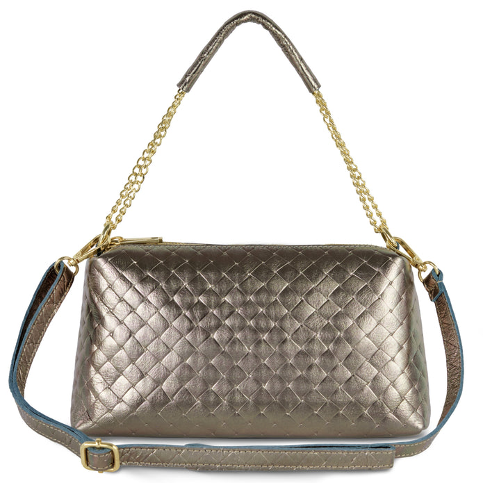 Italian Genuine Woven-Embossed Metallic Suede Crossbody Bag | Roma