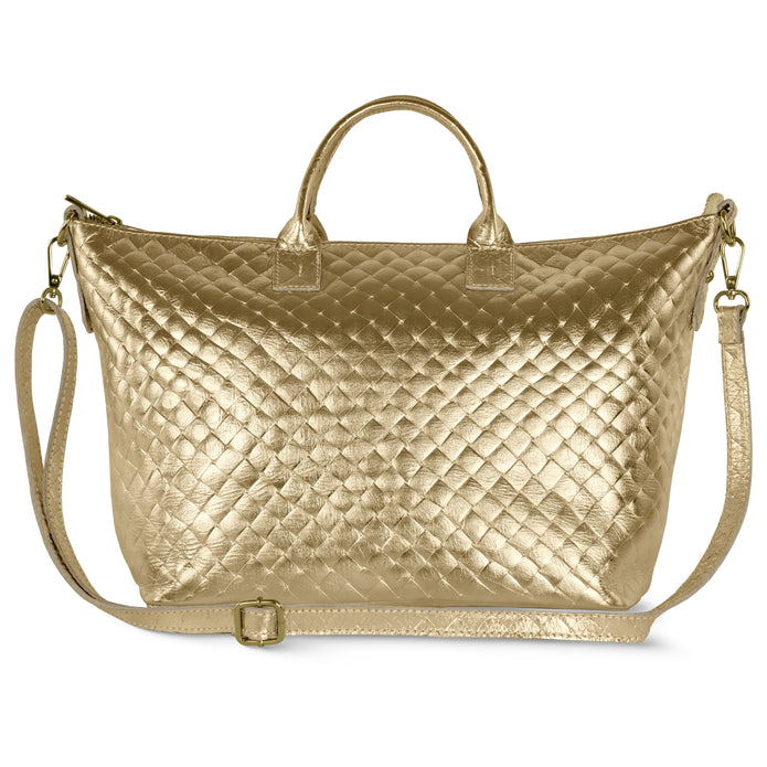 Italian Genuine Woven-Embossed Metallic Suede Top-Handle Bag | Urbino