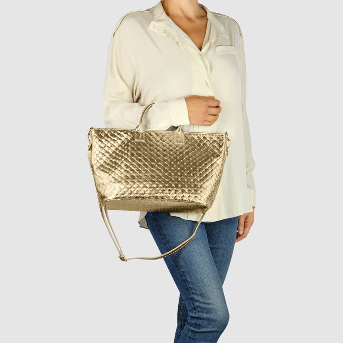 Italian Genuine Woven-Embossed Metallic Suede Top-Handle Bag | Urbino