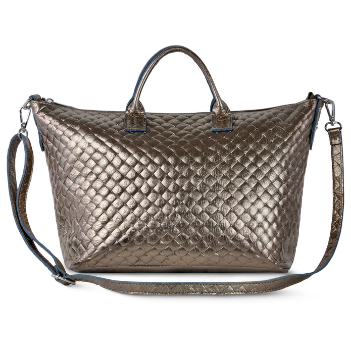 Italian Genuine Woven-Embossed Metallic Suede Top-Handle Bag | Urbino