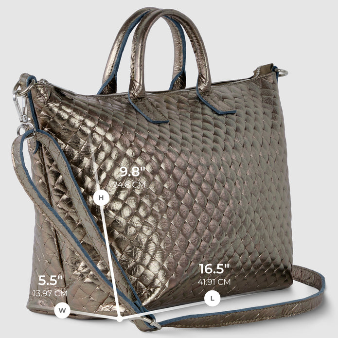 Italian Genuine Woven-Embossed Metallic Suede Top-Handle Bag | Urbino