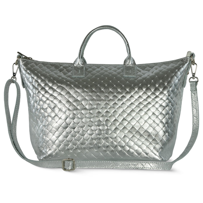 Italian Genuine Woven-Embossed Metallic Suede Top-Handle Bag | Urbino