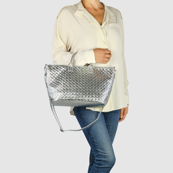 Italian Genuine Woven-Embossed Metallic Suede Top-Handle Bag | Urbino