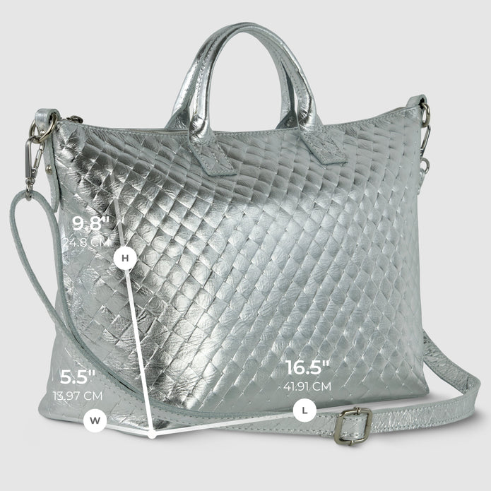 Italian Genuine Woven-Embossed Metallic Suede Top-Handle Bag | Urbino