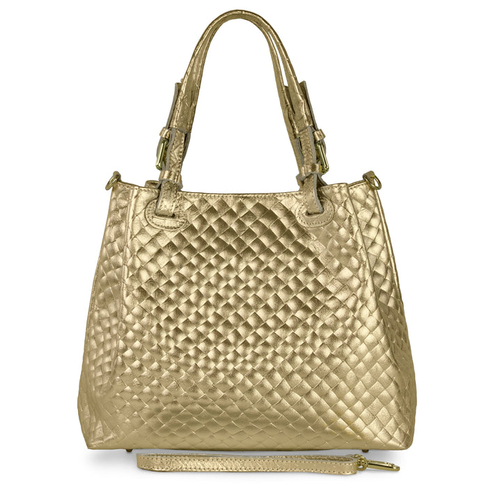 Italian Genuine Woven-Embossed Metallic Suede Top-Handle Bag | Savona