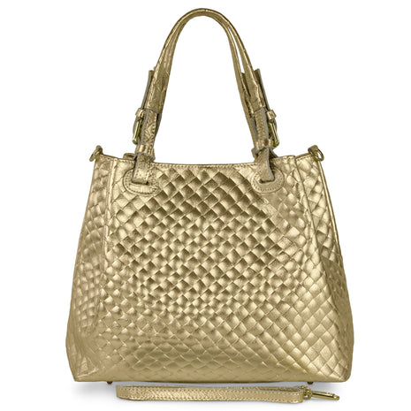 Italian Genuine Woven-Embossed Metallic Suede Top-Handle Bag | Savona