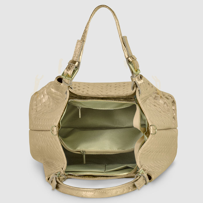 Italian Genuine Woven-Embossed Metallic Suede Top-Handle Bag | Savona