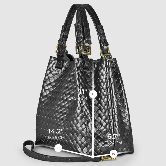 Italian Genuine Woven-Embossed Metallic Suede Top-Handle Bag | Savona